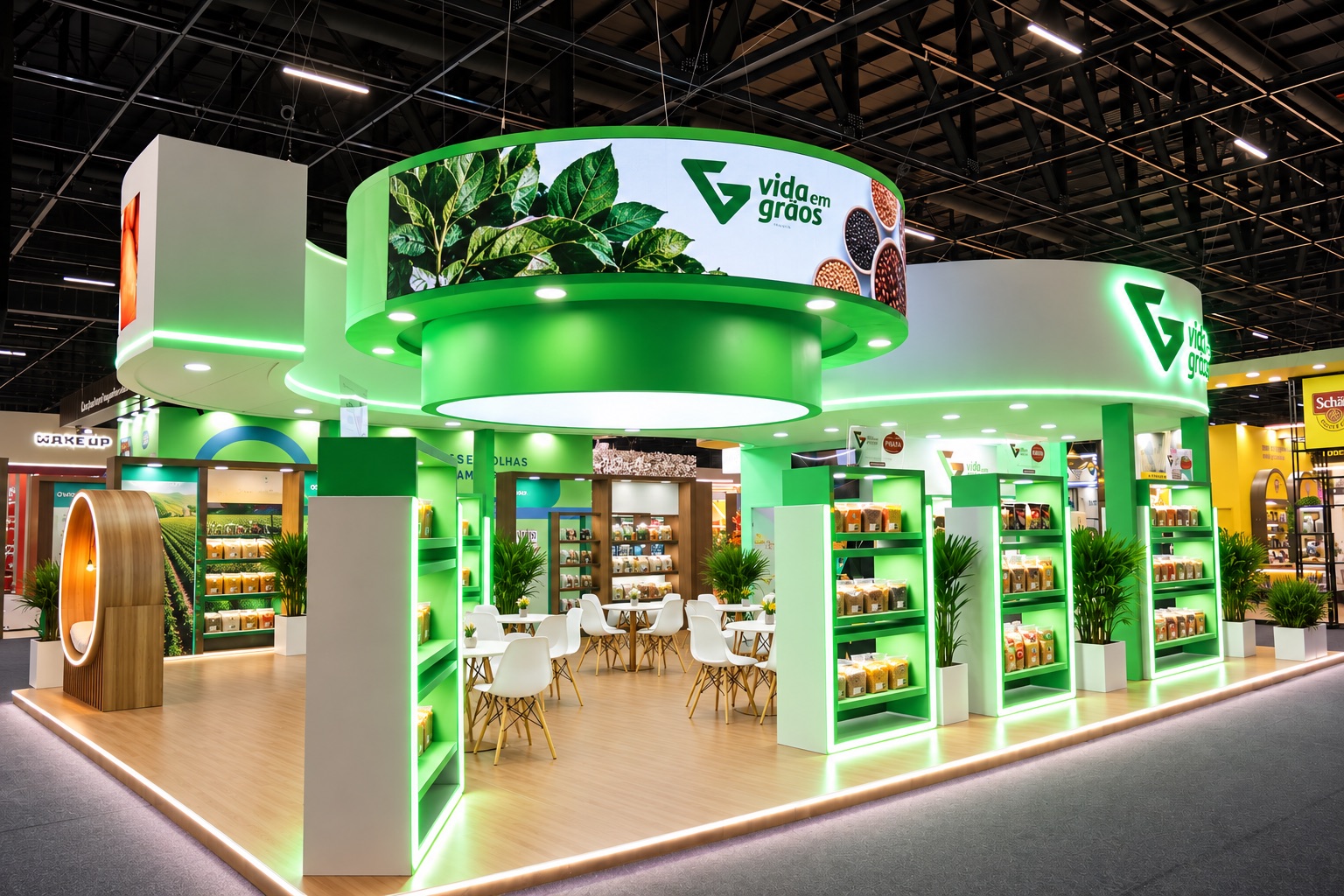 Stand Vida em Grãos com vídeo institucional em painel